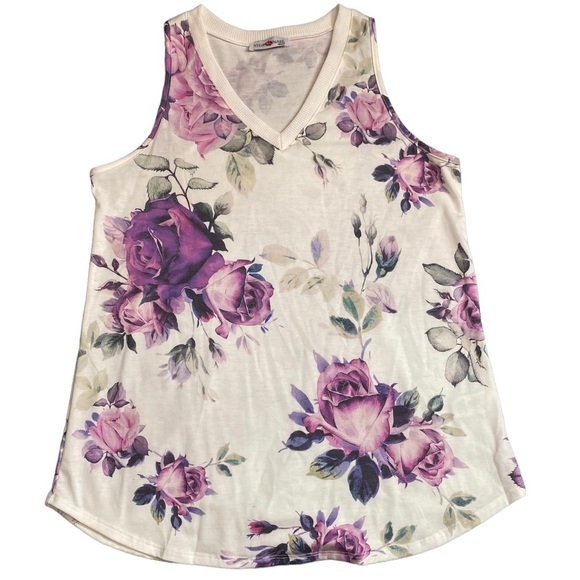 Nylon Apparel Floral V-Neck Tank - Size M, White/Purple Multi - Picture 3 of 6
